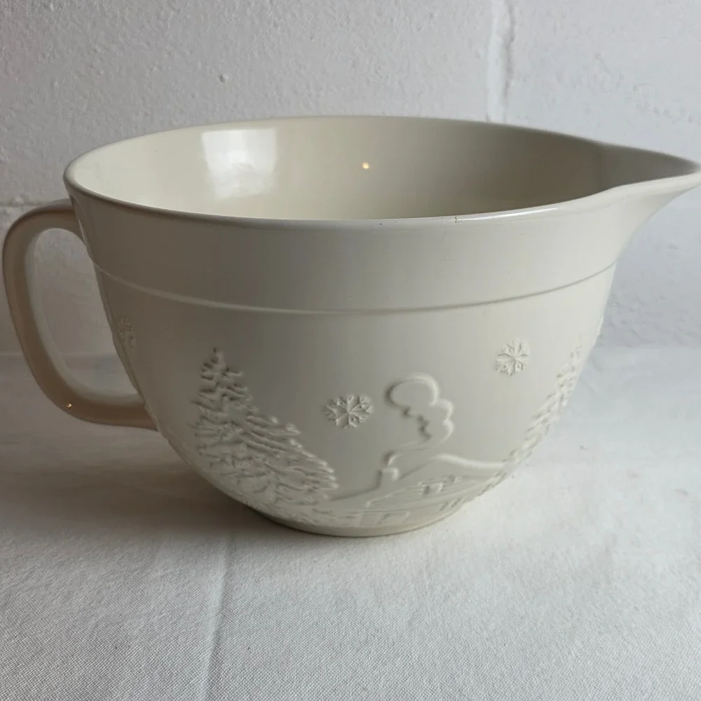 The Bake Shop Cream Embossed Winter Scene Stoneware Mixing Bowl Spout Handle
